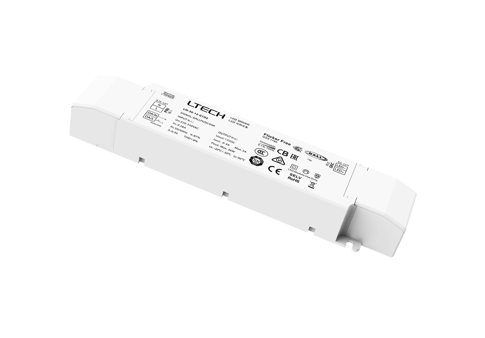 LM-36-12-G1D2  DALI, Push Dim, PWM, 36W, C. Voltage Linear Dimmable Driver, 12V, Max Current Output: 3A, EFF>91.5%, 5yrs Warranty.